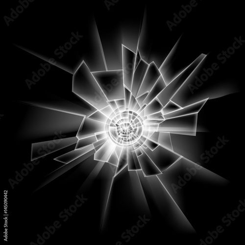Transparent Crack Glass Window Close up Isolated on Dark Black Background