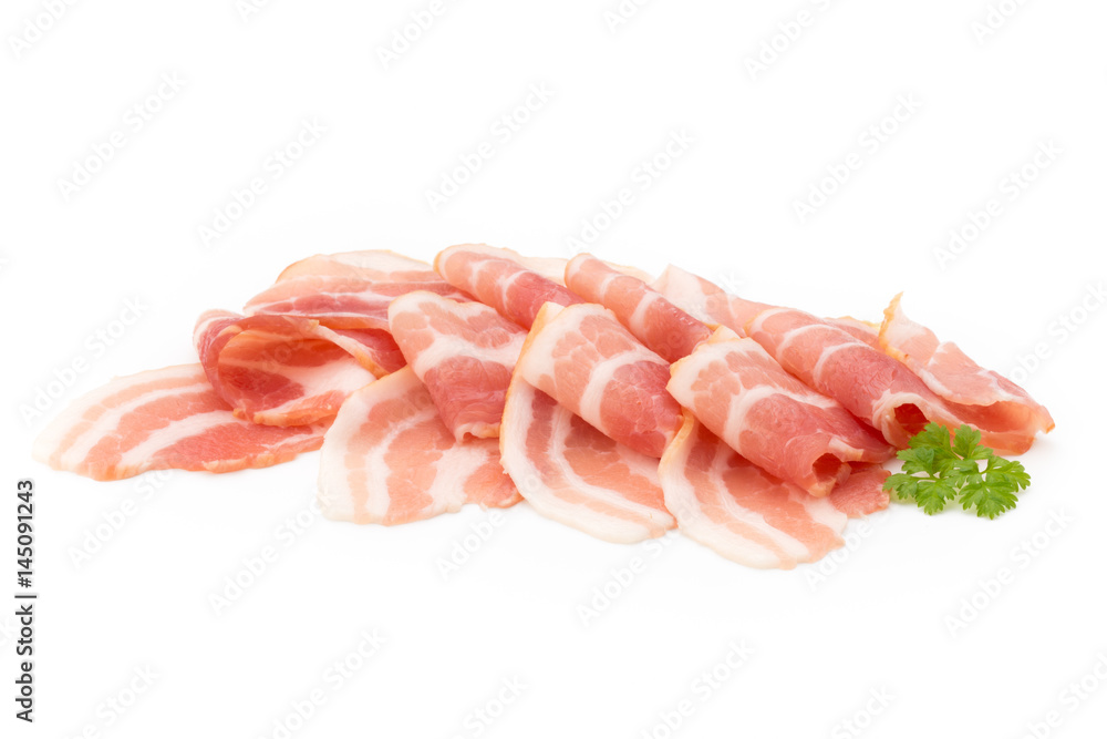 Bacon isolated on white background. Delikatese food. Bacon isolated on white background. Delikatese food.