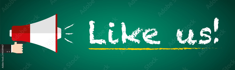 Like us! Megafon auf grüner Tafel - Flat Design Like us! Megafon auf grüner Tafel - Flat Design
