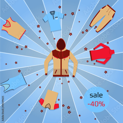 Banner for sale with multicolor sportswear on a retro background of rays. Vector illustration