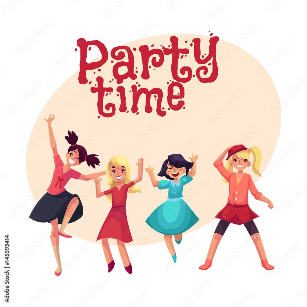 Four various girls in colorful clothes having fun, dancing at party, , cartoon style invitation, banner, poster, greeting card design. Party  invitation, advertisement, happy girls, having fun, dancing Stock Vector |  Adobe Stock