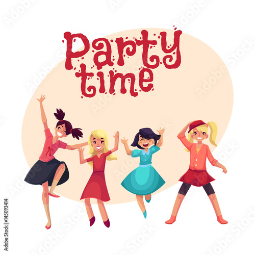 Four various girls in colorful clothes having fun  dancing at party   cartoon style invitation  banner  poster  greeting card design. Party invitation  advertisement  happy girls  having fun  dancing