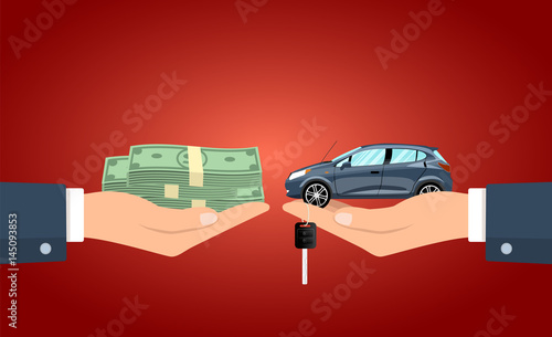 Hand giving the cash to the hand with the car and keys vector illustration. 