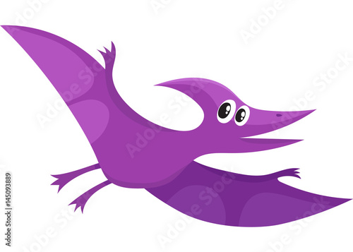 Cute and funny smiling baby pterodactyloidea  flying dinosaur  cartoon vector illustration isolated on white background. Funny  happy pterodactyloidea  avian dinosaur character  decoration element