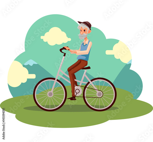 Old, elder bearded man in vest and hat riding a bicycle, cycling, cartoon vector illustration. Full length, side view portrait of retired man riding a bicycle, cycling in countryside,