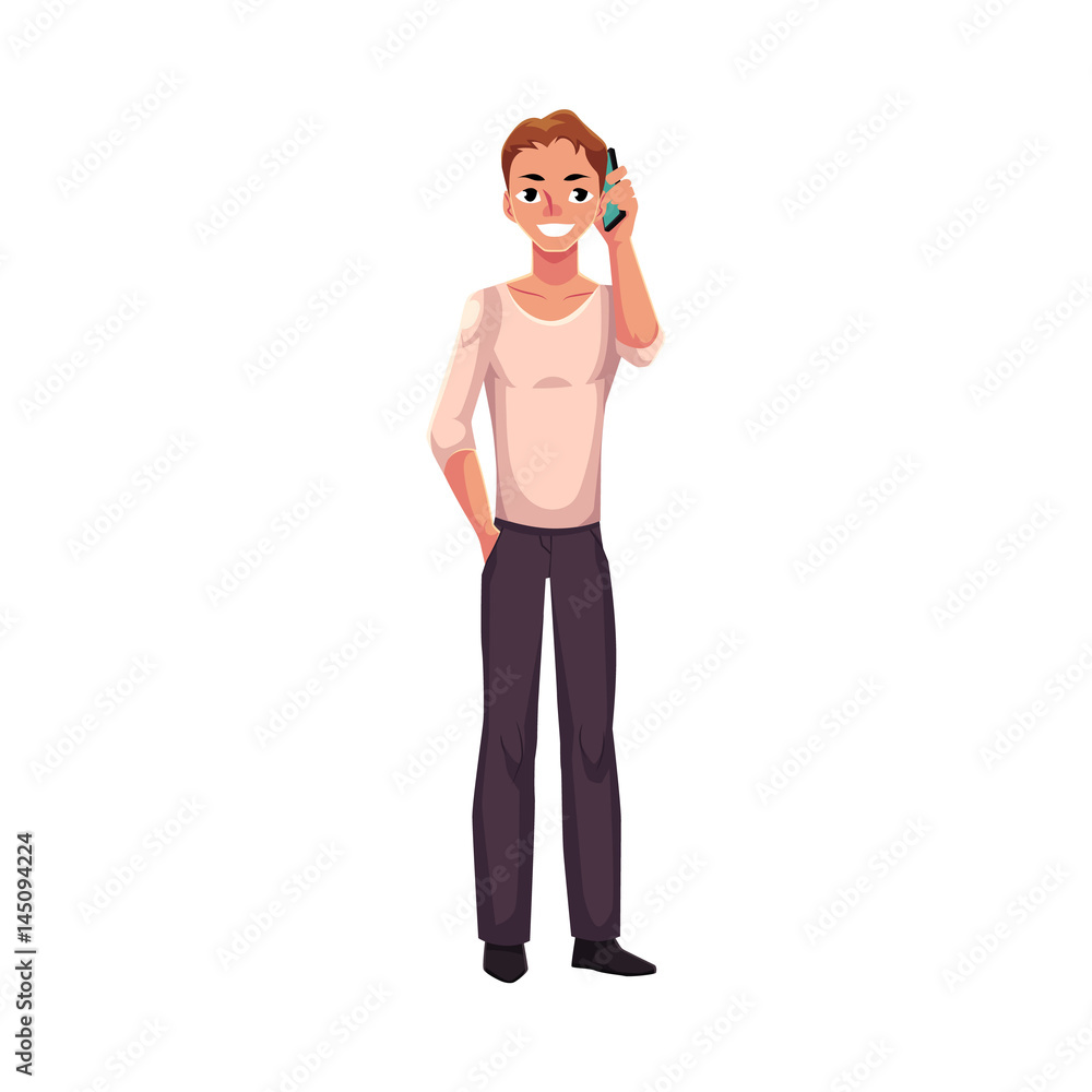 Young man holding smartphone, talking by mobile phone, cartoon vector illustration isolated on white background. Full length portrait of young man in casual clothing talking by mobile phone Young man holding smartphone, talking by mobile phone, cartoon vector illustration isolated on white background. Full length portrait of young man in casual clothing talking by mobile phone