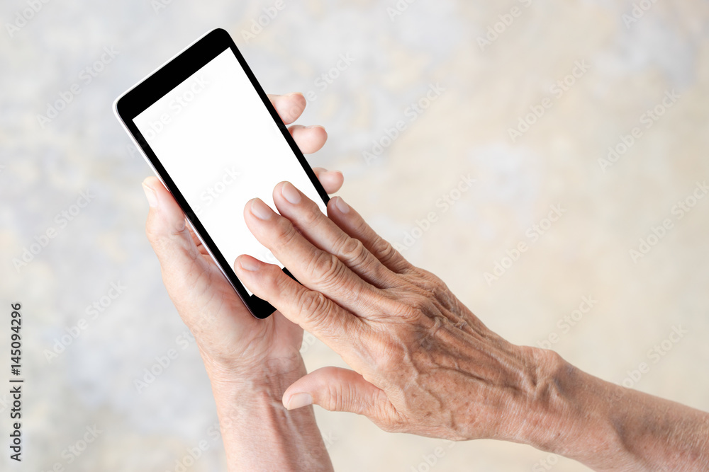 older person, hand holding and touch smart phone with blank white screen