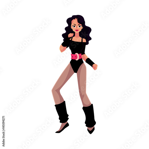 Black haired girl, woman in 80s style aerobics outfit enjoying sport dance workout, cartoon vector illustration isolated on white background. Retro style Caucasian girl, woman, aerobic workout