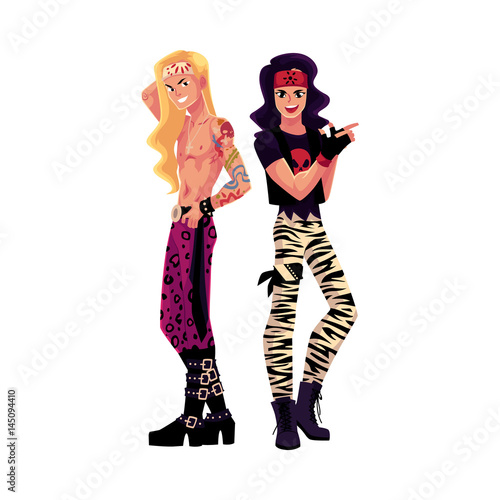 Two men dressed as glam rock stars, long hair, leather, heavy boots, cartoon vector illustration isolated on white background. Full length portrait of two young people dressed as glam rock stars