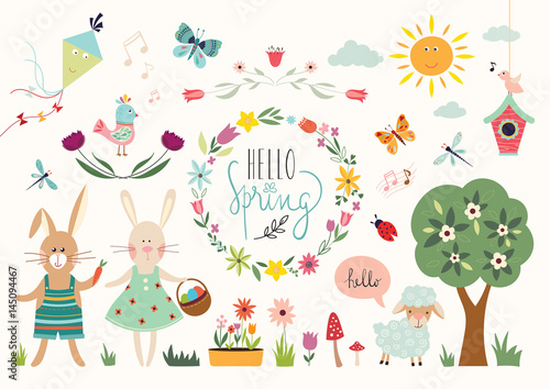 Spring elements collection with decorative elements and floral wreath