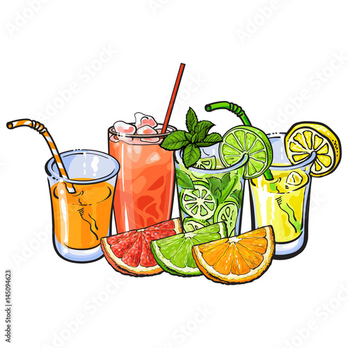 Orange, grapefruit, lime, lemon juice and fruits, hand drawn sketch vector illustration on white background. Hand drawing of orange, grapefruit, lemon, lime juice in glasses and fruits cut