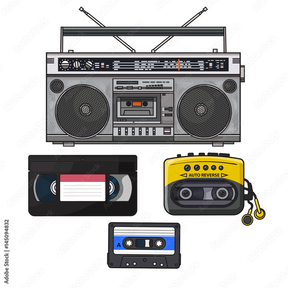 Retro style audio cassette, tape recorder, music player and videotape from 90s, sketch illustration isolated on white background. Hand drawn set of tape recorder, audio and video tape, music player
