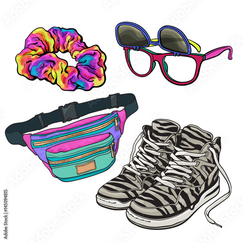 Retro pop culture items from 90s - scrunchie, sunglasses with removable lenses, zebra sneakers and waist pack, sketch illustration isolated on white background. Realistic hand drawn set of 90s items