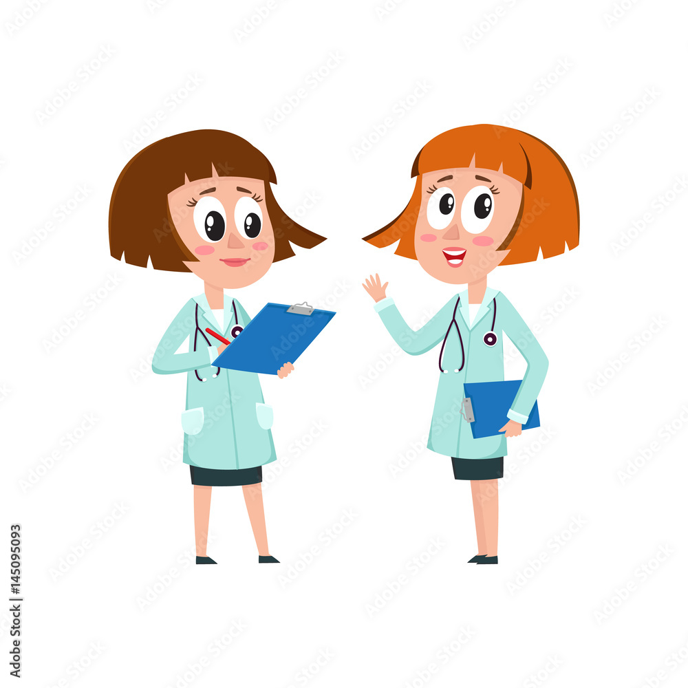 Two comic woman doctor characters, one telling, another writing something into medical record, cartoon vector illustration isolated on white background. Funny woman doctors filling in medical cards Two comic woman doctor characters, one telling, another writing something into medical record, cartoon vector illustration isolated on white background. Funny woman doctors filling in medical cards
