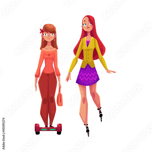 Two pretty girls, women, one roller skating, another riding gyro scooter, personal urban transport, cartoon vector illustration isolated on white background. Girls riding push scooter, roller skating
