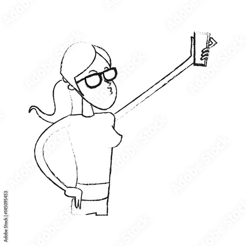 young woman posing for selfie cartoon icon image vector illustration design 
