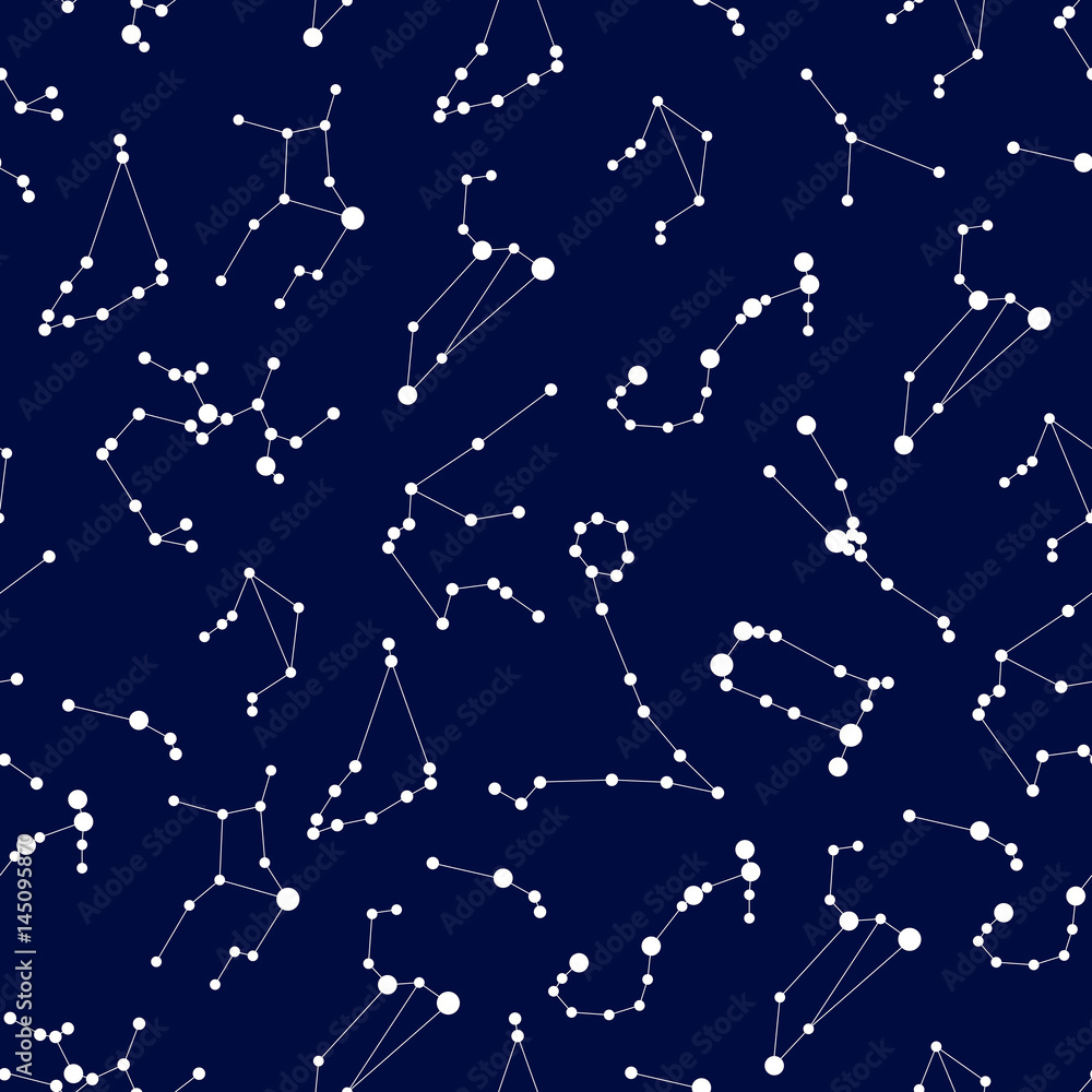 Raster illustration. Seamless pattern for decoration, design. Astronomy different constellations on a blue background of the bright stars. Glowing lines and points. Star chart, map. Deep space