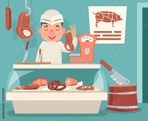 Meat Shop Counter Butcher Seller Retro Vintage Cartoon Character Icon Background Design Vector Illustration
