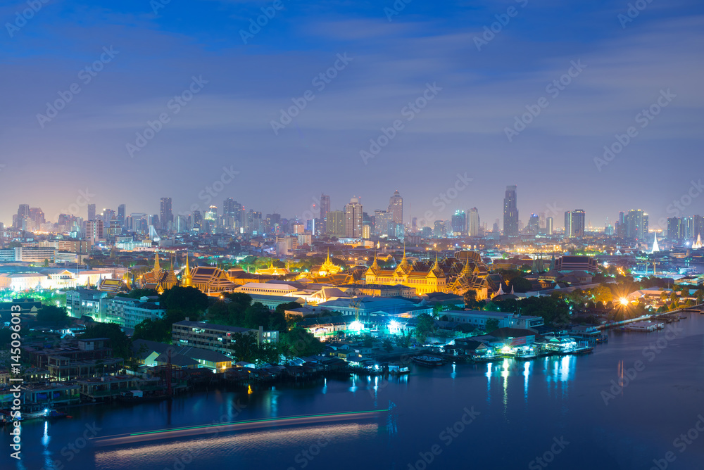 Bangkok City skyline and Grand palace aerial view.