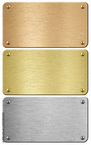 Steel, gold and bronze metal plaques with clipping path included 3d illustration