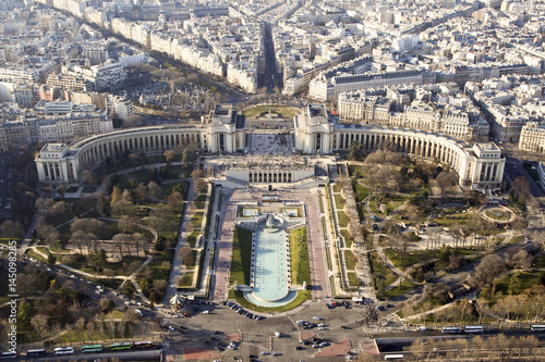 Paris view from top of Eiffel Tower to Palais de Chaillot