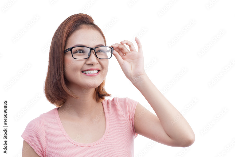Portrait of a young cheerful asian woman in glasses