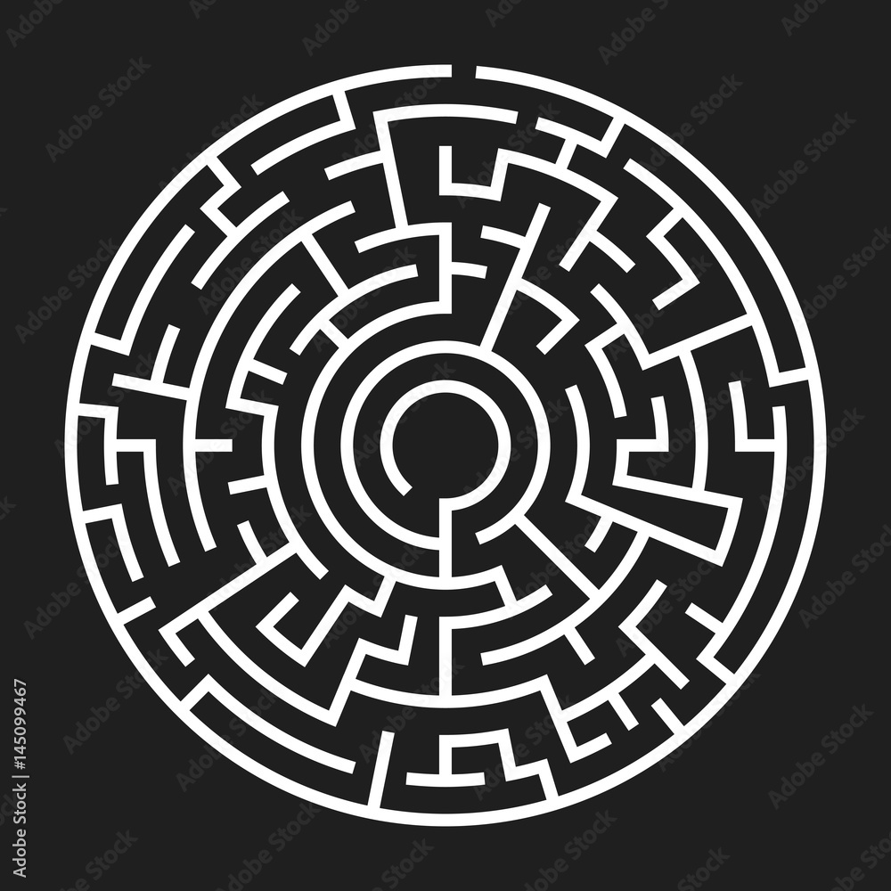 Circle Maze. Labyrinth with Entry and Exit. Find the Way Out Concept. Vector Illustration. Circle Maze. Labyrinth with Entry and Exit. Find the Way Out Concept. Vector Illustration.