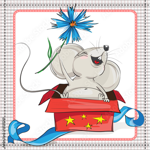 A little mouse with a flower climbs from gift box