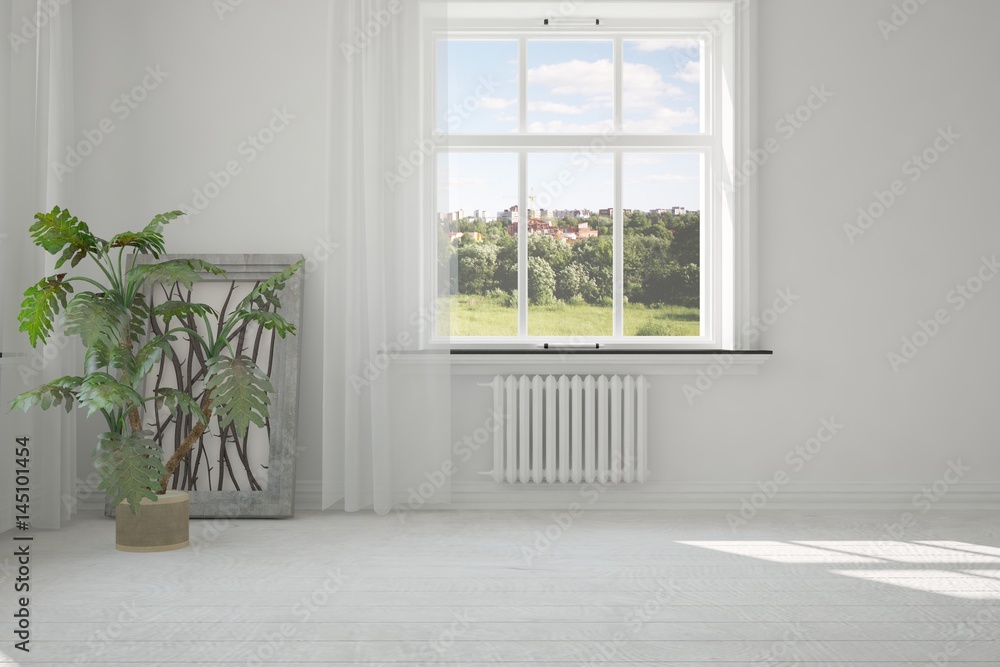 White empty room with green landscape in window. Scandinavian interior design. 3D illustration White empty room with green landscape in window. Scandinavian interior design. 3D illustration