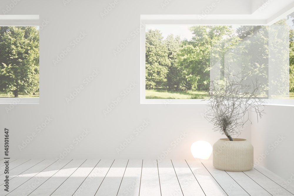 White empty room with green landscape in window. Scandinavian interior design. 3D illustration White empty room with green landscape in window. Scandinavian interior design. 3D illustration
