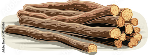 Sticks of licorice root on white background.