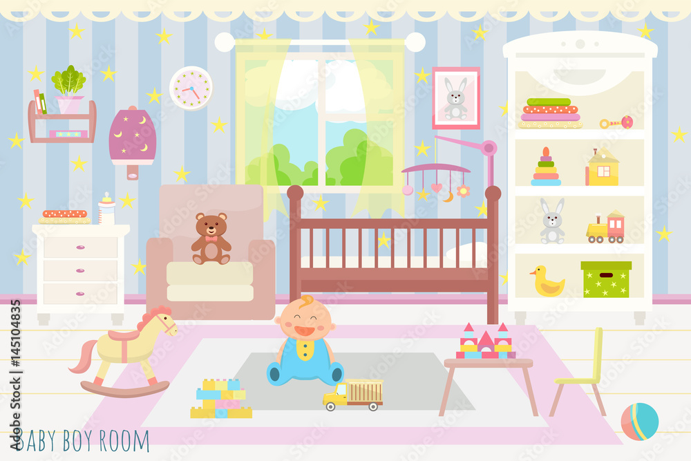 Baby room interior. Flat design. Baby room interior. Flat design.