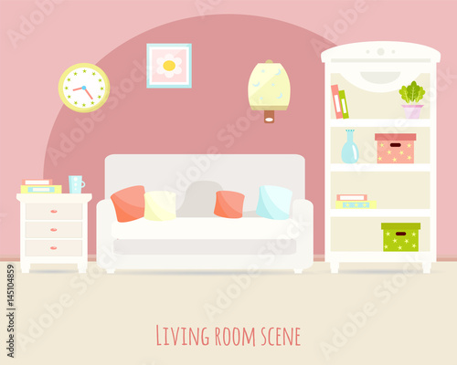 Living room interior with furniture. Flat design.