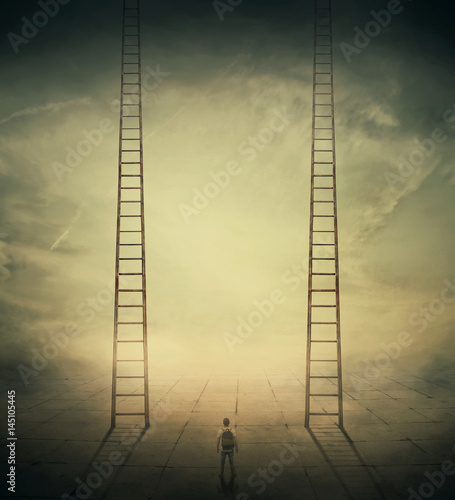 Surrealistic concept as a man standing in a foggy street looking at two stairways, thinking which to climb, choosing the correct way up. Different opportunities, best choice for career development.