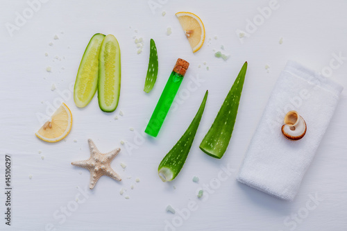 Homemade skin care with natural ingredients aloe vera, lemon slice, cucumber, sea salt and peppermint on white wooden background flat lay.