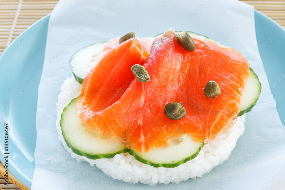 Sandwich without fat, bread, meat. Mixture of Japanese and American sushi burger Sandwich without fat, bread, meat. Mixture of Japanese and American sushi burger