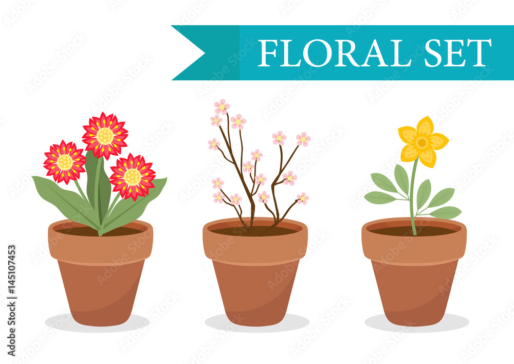 Flower pot with different flowers set, flat style. Flowerpot Collection isolated on white background. Vector illustration, clip art Flower pot with different flowers set, flat style. Flowerpot Collection isolated on white background. Vector illustration, clip art