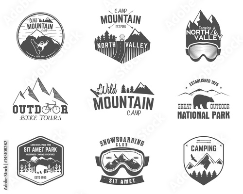 Summer and winter mountain explorer camp badge, logo  label templates set. Travel, hiking, climbing style. Snowboard, ski patches. Bike stamp, campsite sign. For web, tee, print.Vector illustration