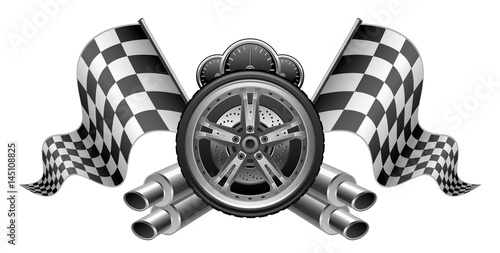 Racing elements flags exhaust pipes wheel speedometer