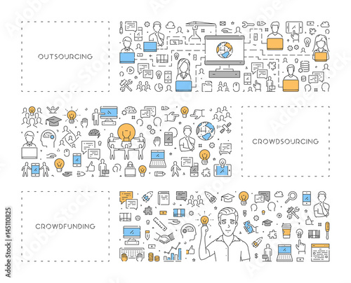 Line concept for crowdfunding, crowdsourcing and outsourcing