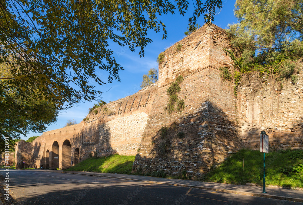 Rome, Italy. A section of the wall of Aurelian with a watchtower, 275
