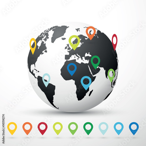 globe world map illustration with map pin pointer location