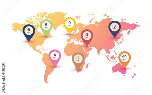 time zones world map on color gradient background photo