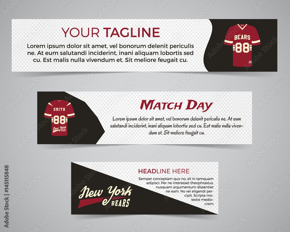Fototapeta premium Set of American football banner template with soccer logo, label and badge. Stylish bright identity design. Best for sport magazines on web or print. Usa sports elements, t shirt, typography. Vector