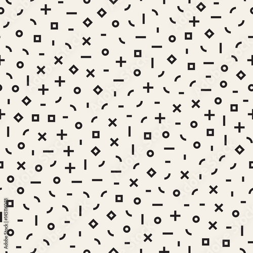 Retro geometric line shapes seamless patterns. Abstract jumble textures. Black and white scattered shapes