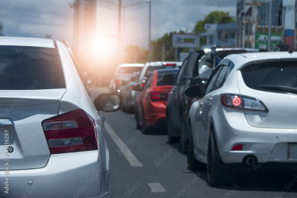 Car on the road stop by traffic jam or move trip to travel.