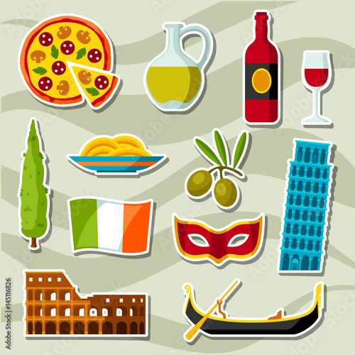 Italy icons set. Italian sticker symbols and objects