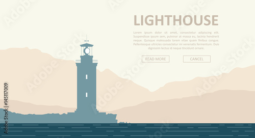 Landscape with huge lighthouse at seashore over mountain range. Vector illustration.