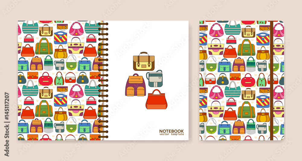 Cover design for notebooks or scrapbooks with hand bags