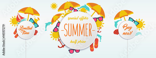 Summer sales, special offers banner with summer icons